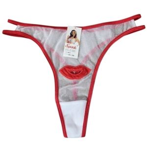 NWT. Women's Sexy Semi-Sheer Strappy White G-String Red Lips. M/L